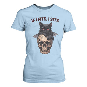Gothic Cat Skull Graphic T Shirt For Women If I Fits I Sits Creepy Cute Gift TS12 Light Blue Print Your Wear