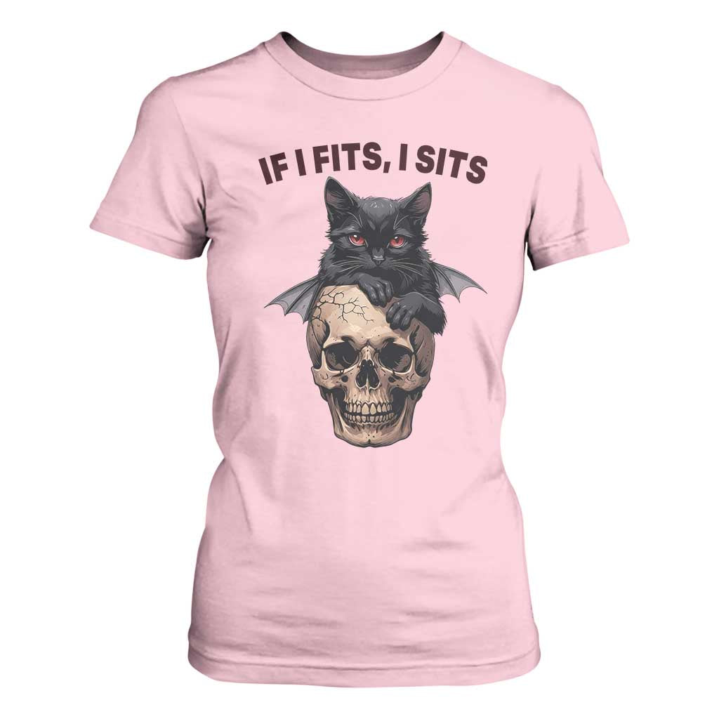 Gothic Cat Skull Graphic T Shirt For Women If I Fits I Sits Creepy Cute Gift TS12 Light Pink Print Your Wear