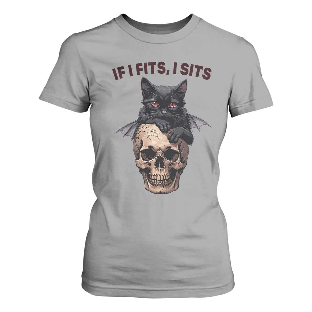Gothic Cat Skull Graphic T Shirt For Women If I Fits I Sits Creepy Cute Gift TS12 Sport Gray Print Your Wear