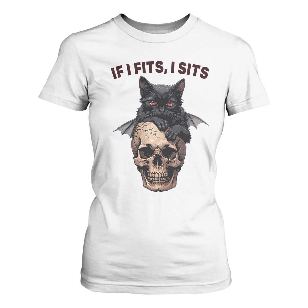 Gothic Cat Skull Graphic T Shirt For Women If I Fits I Sits Creepy Cute Gift TS12 White Print Your Wear