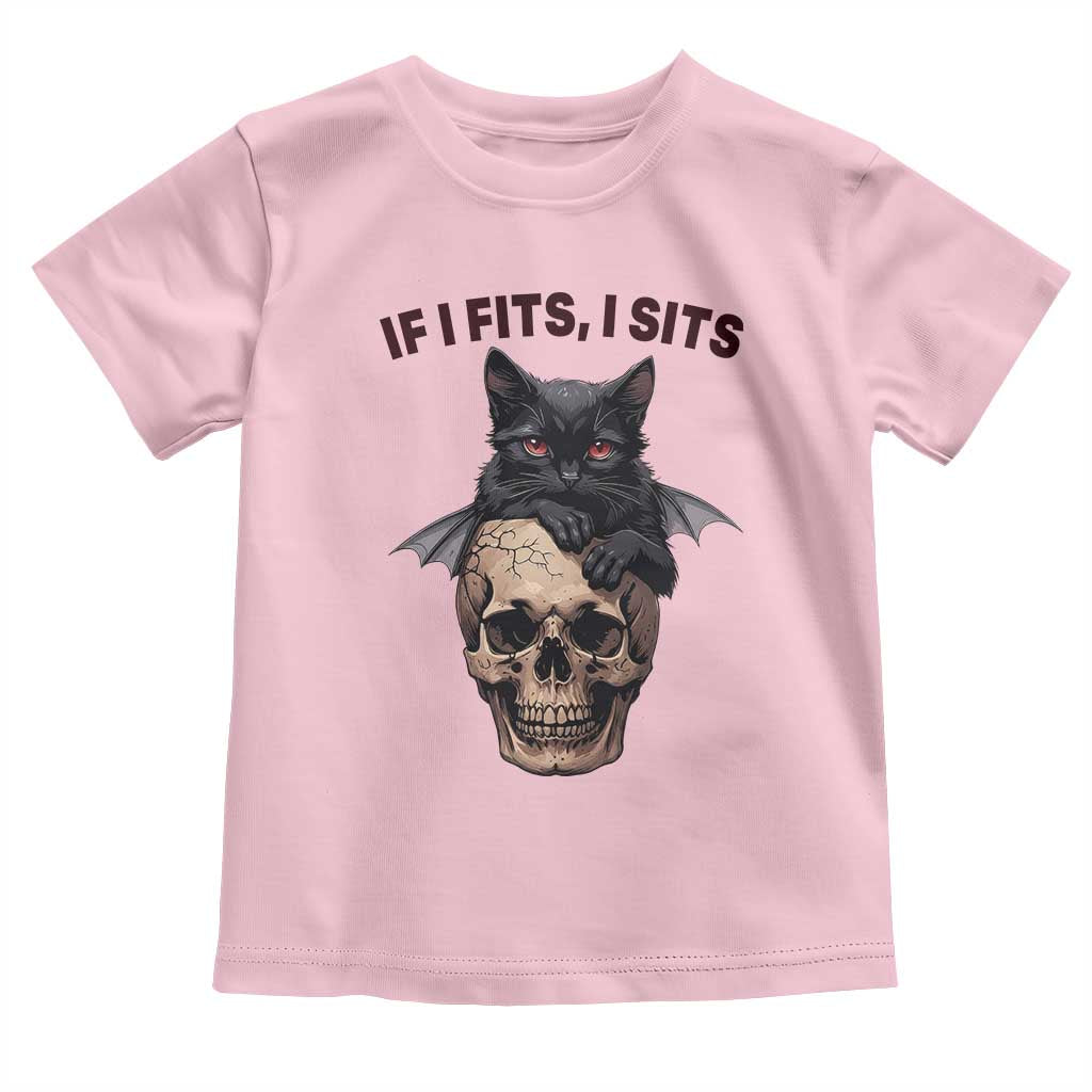 Gothic Cat Skull Graphic Toddler T Shirt If I Fits I Sits Creepy Cute Gift TS12 Light Pink Print Your Wear