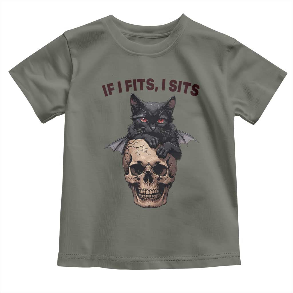Gothic Cat Skull Graphic Toddler T Shirt If I Fits I Sits Creepy Cute Gift TS12 Military Green Print Your Wear