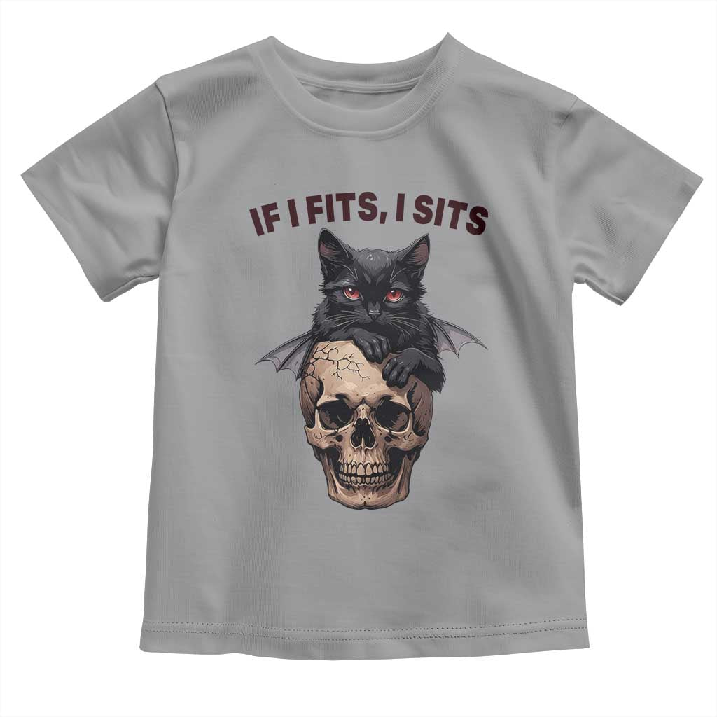 Gothic Cat Skull Graphic Toddler T Shirt If I Fits I Sits Creepy Cute Gift TS12 Sport Gray Print Your Wear