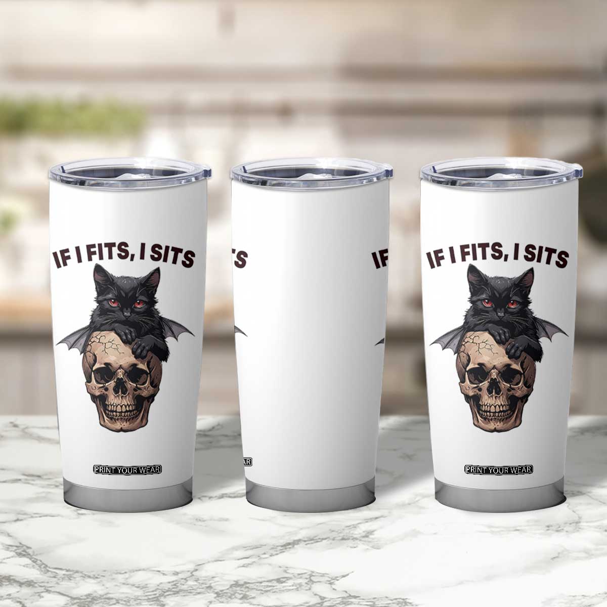 Gothic Cat Skull Graphic Tumbler Cup If I Fits I Sits Creepy Cute Gift TS12 Print Your Wear