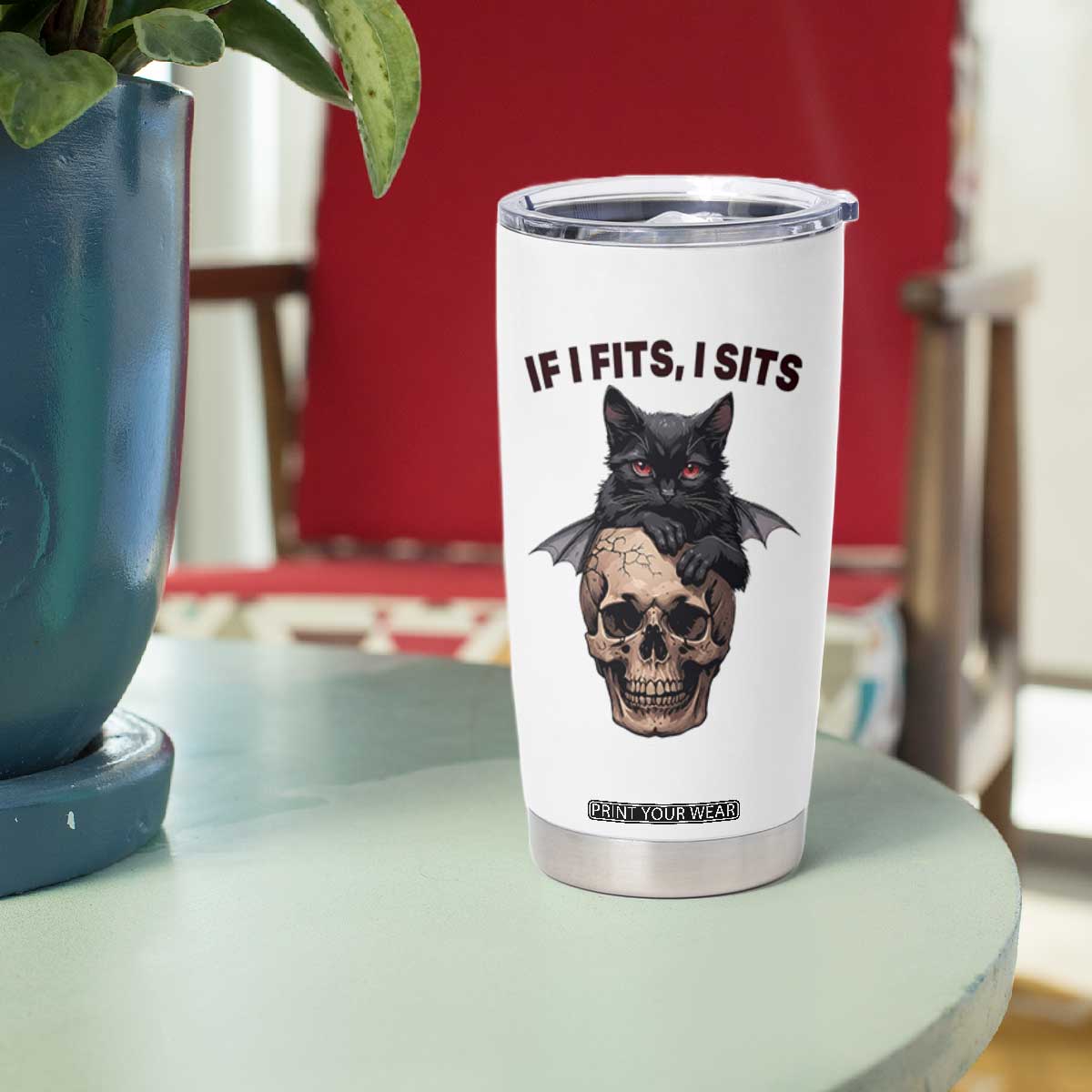Gothic Cat Skull Graphic Tumbler Cup If I Fits I Sits Creepy Cute Gift TS12 Print Your Wear