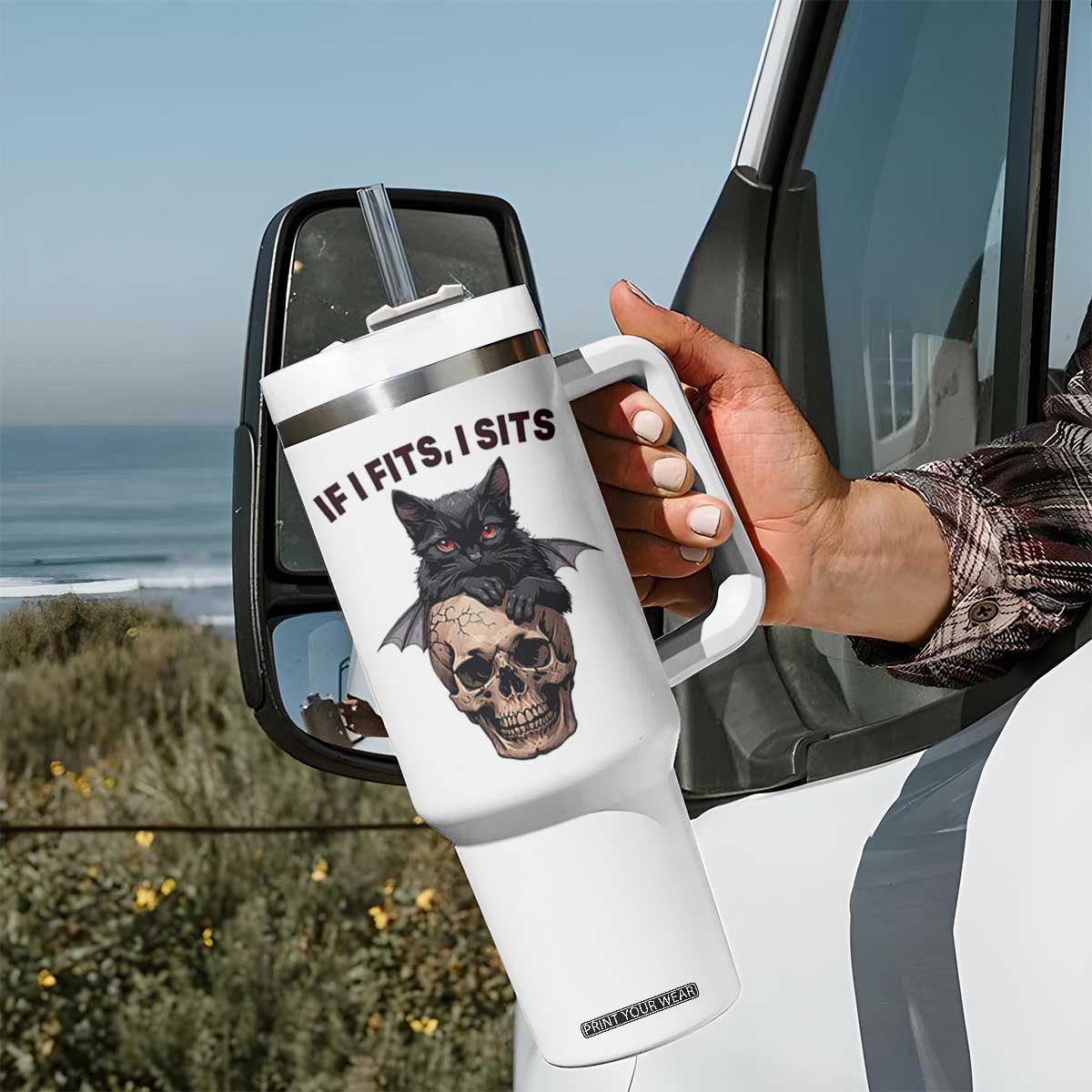 Gothic Cat Skull Graphic Tumbler With Handle If I Fits I Sits Creepy Cute Gift TS12 Print Your Wear