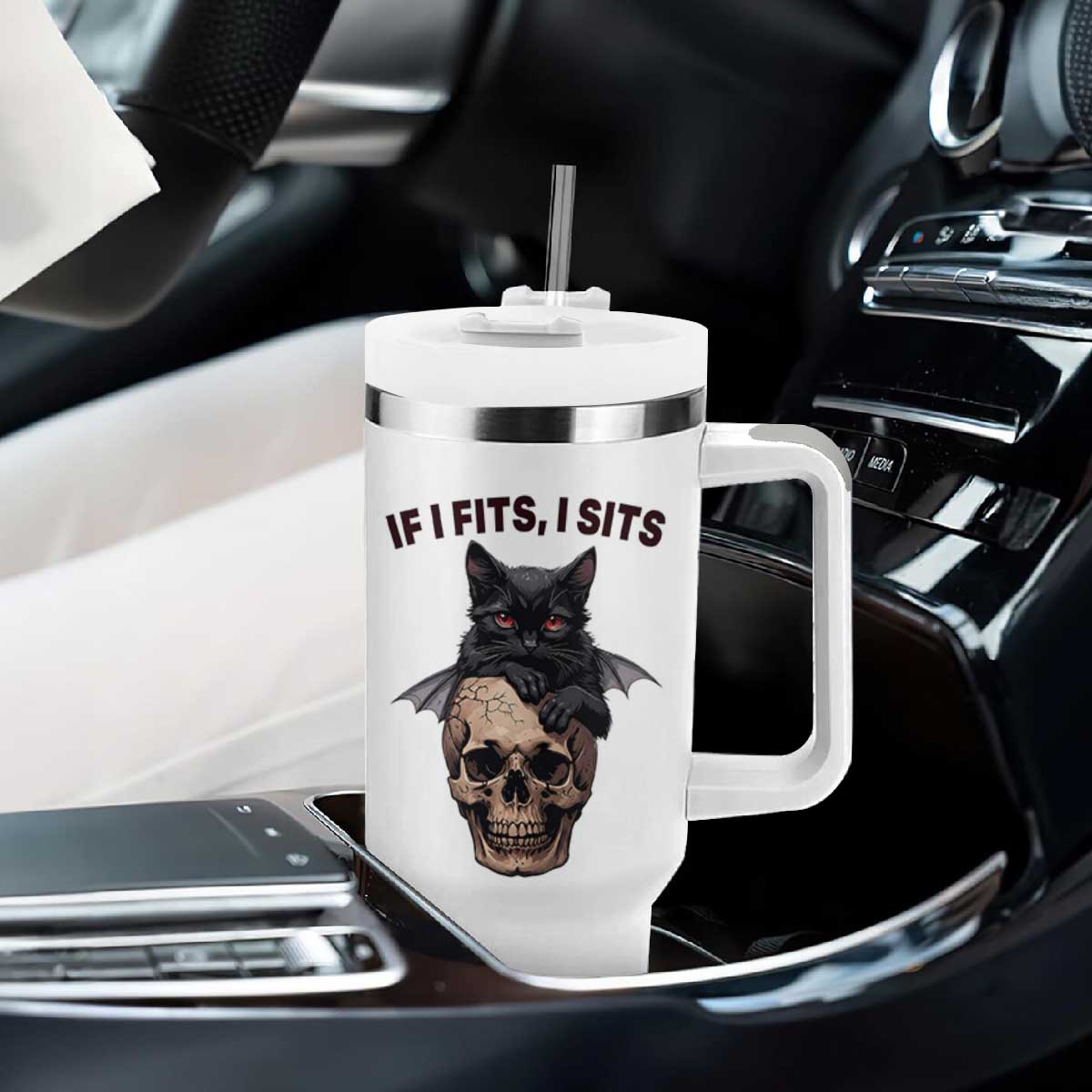Gothic Cat Skull Graphic Tumbler With Handle If I Fits I Sits Creepy Cute Gift TS12 Print Your Wear