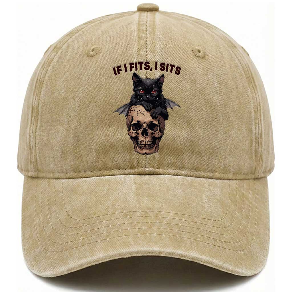 Gothic Cat Skull Graphic Washed Cotton Baseball Cap If I Fits I Sits Creepy Cute Gift TS12 Print Your Wear