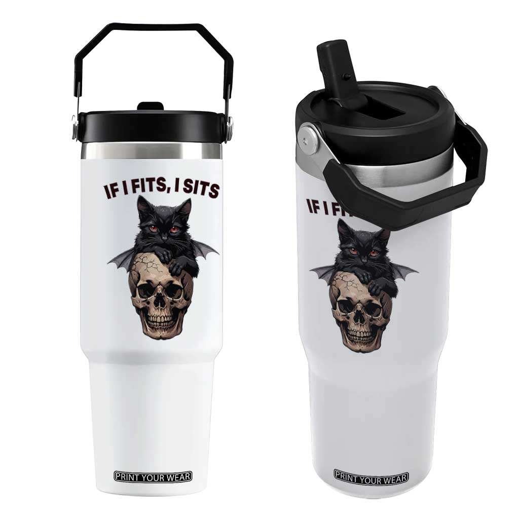 Gothic Cat Skull Graphic Flip Straw Tumbler If I Fits I Sits Creepy Cute Gift TS12 One Size: 30 oz White Print Your Wear