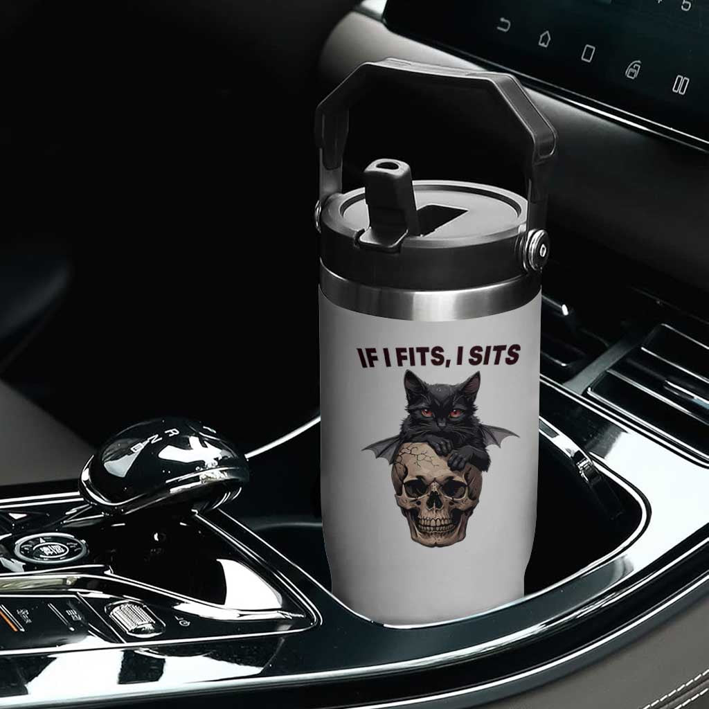 Gothic Cat Skull Graphic Flip Straw Tumbler If I Fits I Sits Creepy Cute Gift TS12 Print Your Wear
