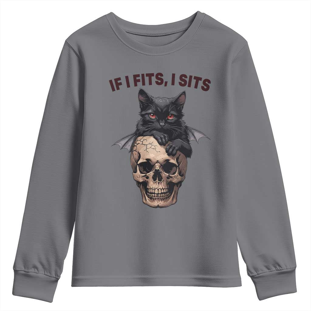 Gothic Cat Skull Graphic Youth Sweatshirt If I Fits I Sits Creepy Cute Gift TS12 Charcoal Print Your Wear