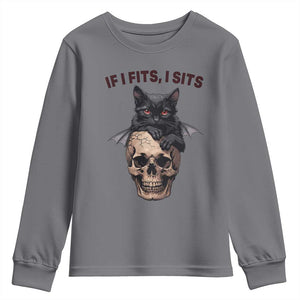 Gothic Cat Skull Graphic Youth Sweatshirt If I Fits I Sits Creepy Cute Gift TS12 Charcoal Print Your Wear