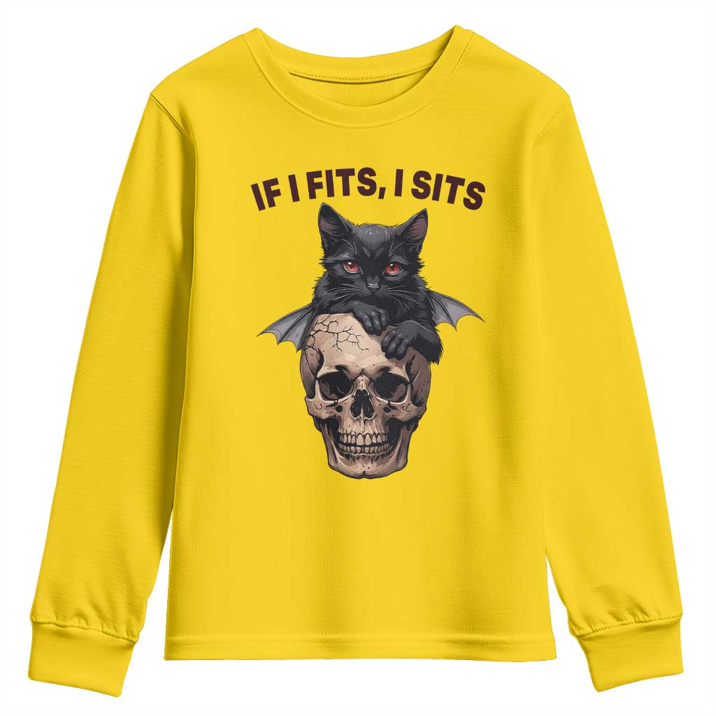 Gothic Cat Skull Graphic Youth Sweatshirt If I Fits I Sits Creepy Cute Gift TS12 Daisy Print Your Wear
