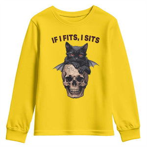 Gothic Cat Skull Graphic Youth Sweatshirt If I Fits I Sits Creepy Cute Gift TS12 Daisy Print Your Wear