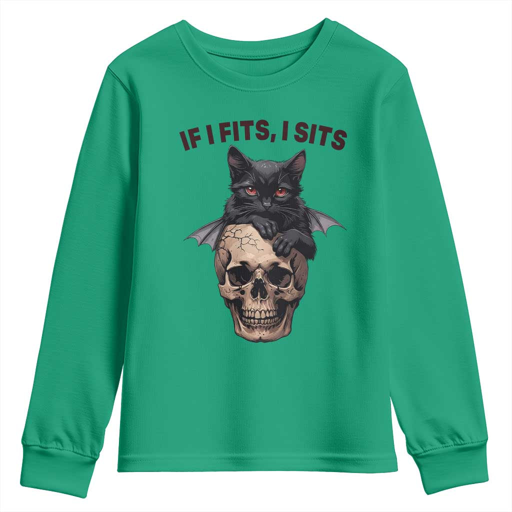Gothic Cat Skull Graphic Youth Sweatshirt If I Fits I Sits Creepy Cute Gift TS12 Irish Green Print Your Wear