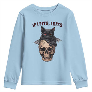 Gothic Cat Skull Graphic Youth Sweatshirt If I Fits I Sits Creepy Cute Gift TS12 Light Blue Print Your Wear