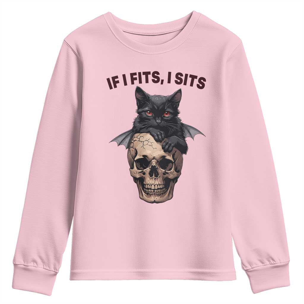 Gothic Cat Skull Graphic Youth Sweatshirt If I Fits I Sits Creepy Cute Gift TS12 Light Pink Print Your Wear