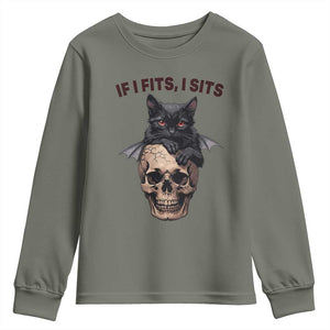 Gothic Cat Skull Graphic Youth Sweatshirt If I Fits I Sits Creepy Cute Gift TS12 Military Green Print Your Wear