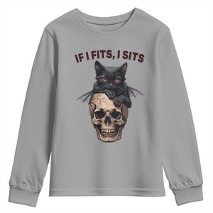 Gothic Cat Skull Graphic Youth Sweatshirt If I Fits I Sits Creepy Cute Gift TS12 Sport Gray Print Your Wear