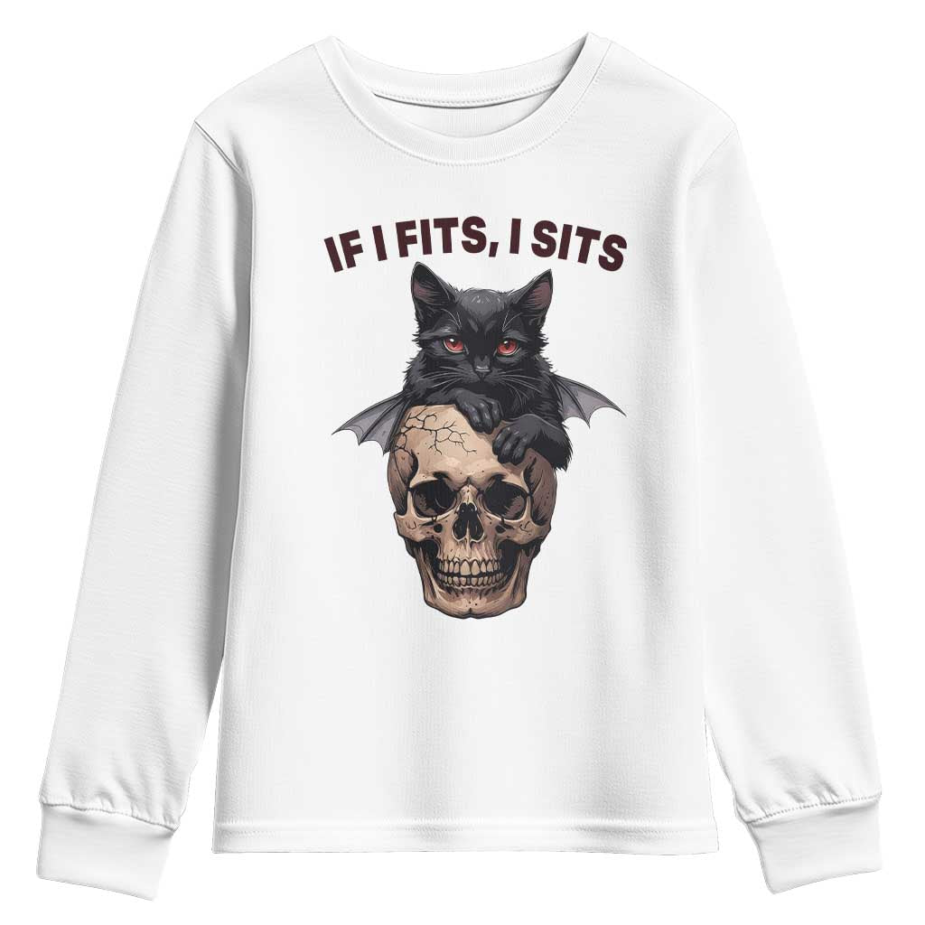 Gothic Cat Skull Graphic Youth Sweatshirt If I Fits I Sits Creepy Cute Gift TS12 White Print Your Wear