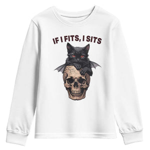 Gothic Cat Skull Graphic Youth Sweatshirt If I Fits I Sits Creepy Cute Gift TS12 White Print Your Wear
