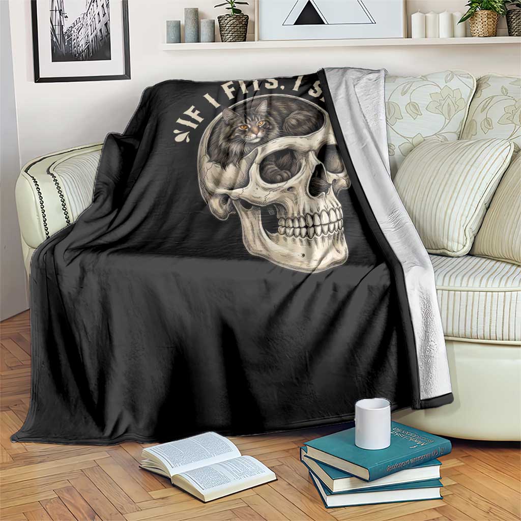 Funny Gothic Black Cat Skull Throw Blanket If I Fits I Sits TS12 Print Your Wear