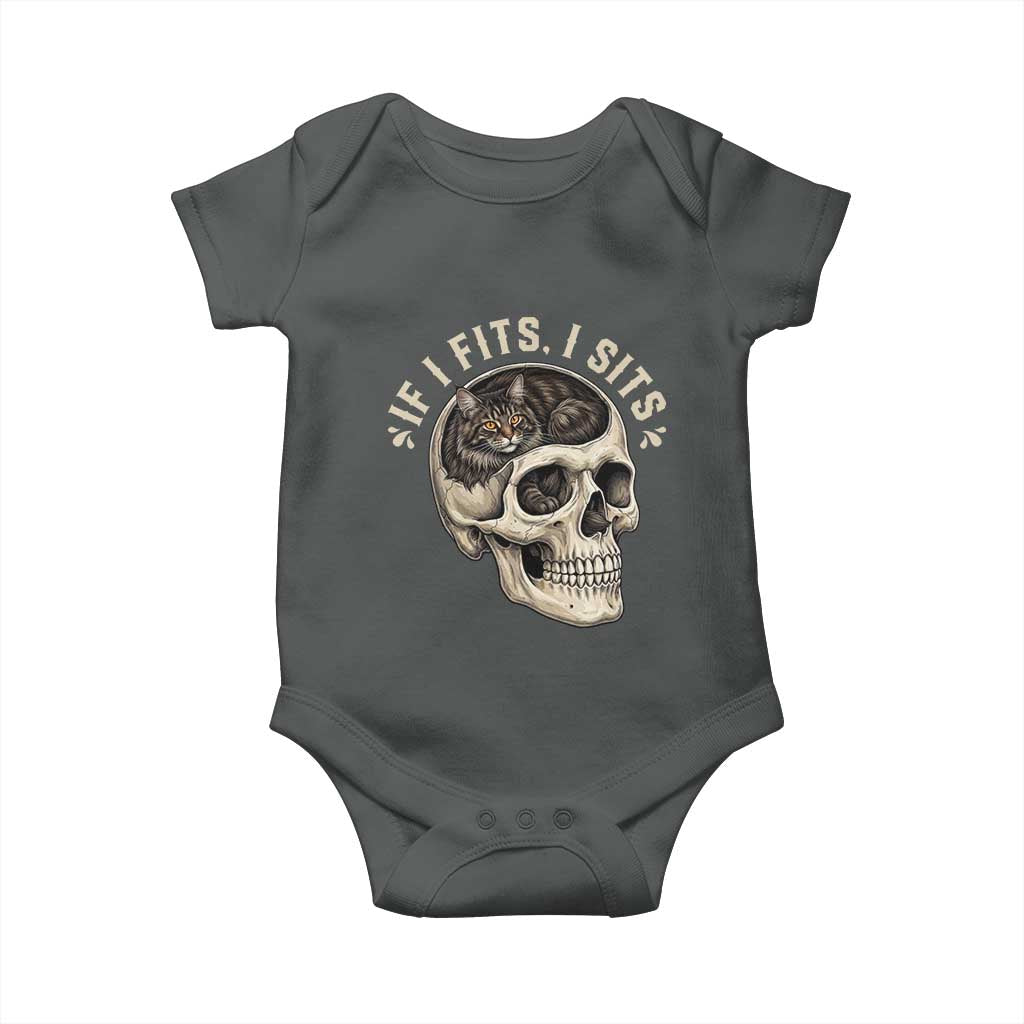Funny Gothic Black Cat Skull Baby Onesie If I Fits I Sits TS12 Dark Heather Print Your Wear