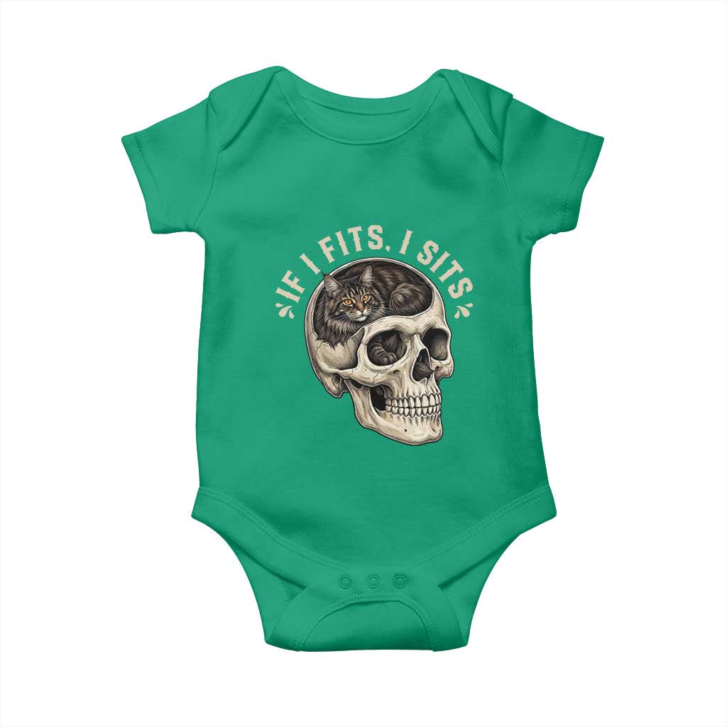 Funny Gothic Black Cat Skull Baby Onesie If I Fits I Sits TS12 Irish Green Print Your Wear