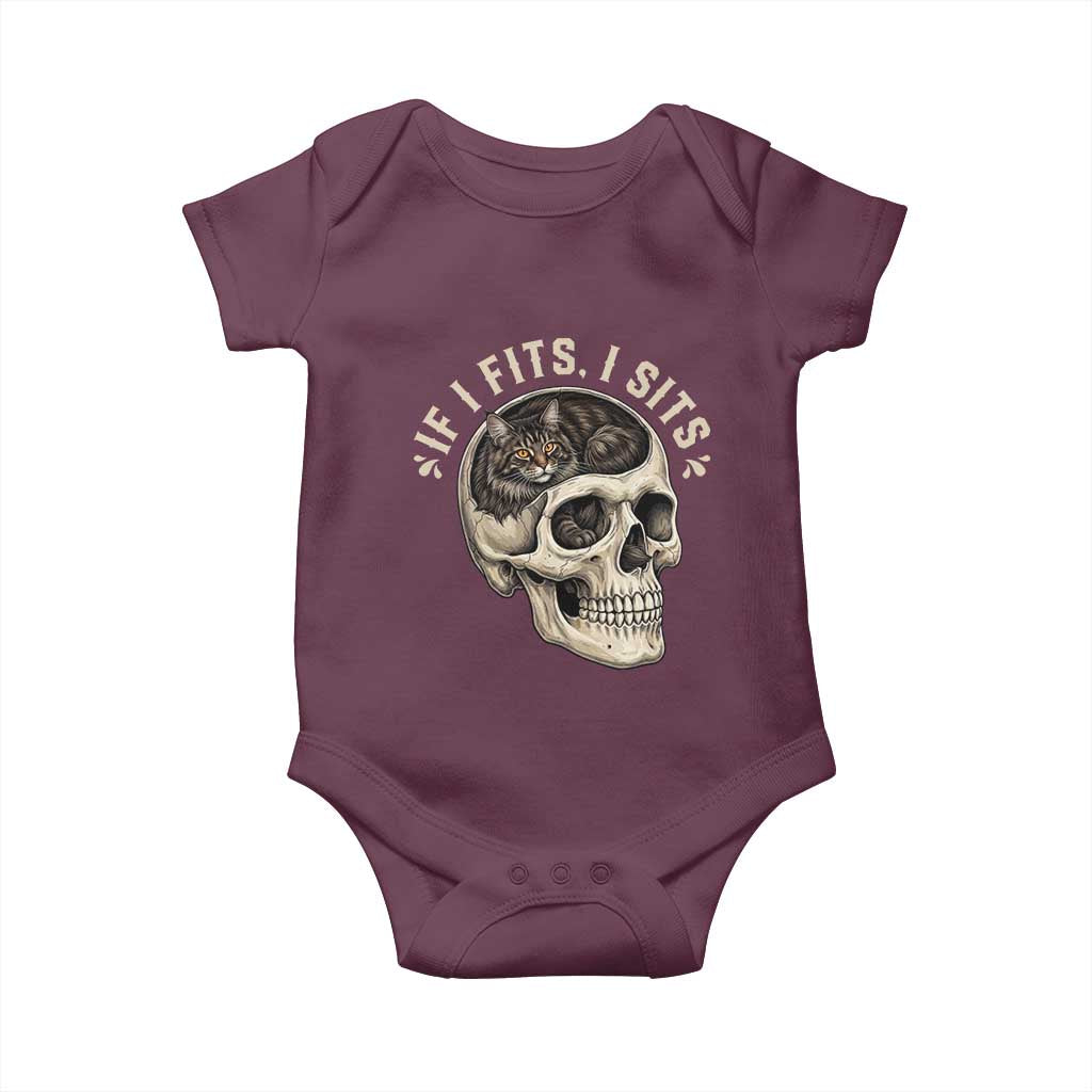 Funny Gothic Black Cat Skull Baby Onesie If I Fits I Sits TS12 Maroon Print Your Wear