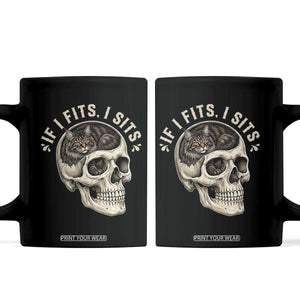 Funny Gothic Black Cat Skull Coffee Mug If I Fits I Sits TS12 Black Print Your Wear
