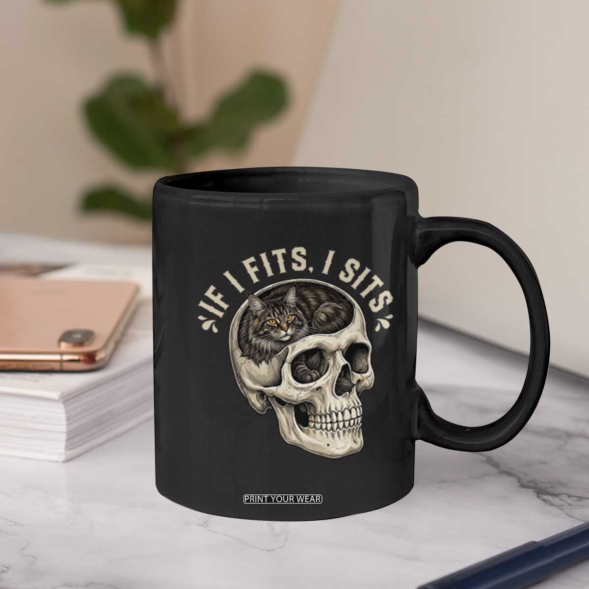 Funny Gothic Black Cat Skull Coffee Mug If I Fits I Sits TS12 Print Your Wear