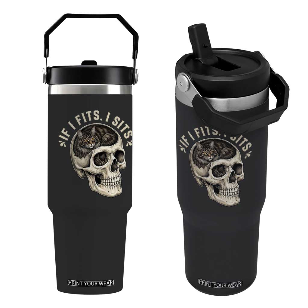 Funny Gothic Black Cat Skull Flip Straw Tumbler If I Fits I Sits TS12 One Size: 30 oz Black Print Your Wear