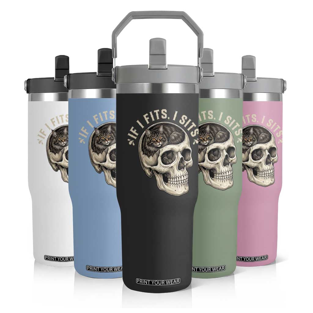 Funny Gothic Black Cat Skull Flip Straw Tumbler If I Fits I Sits TS12 Print Your Wear