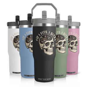 Funny Gothic Black Cat Skull Flip Straw Tumbler If I Fits I Sits TS12 Print Your Wear