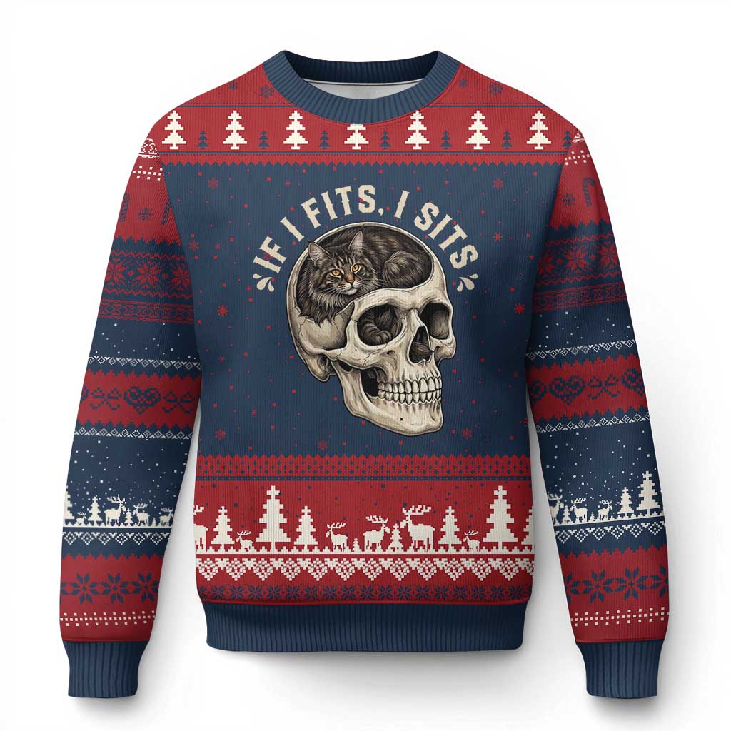 Funny Gothic Black Cat Skull Ugly Christmas Sweater If I Fits I Sits TS12 Navy Red Print Your Wear