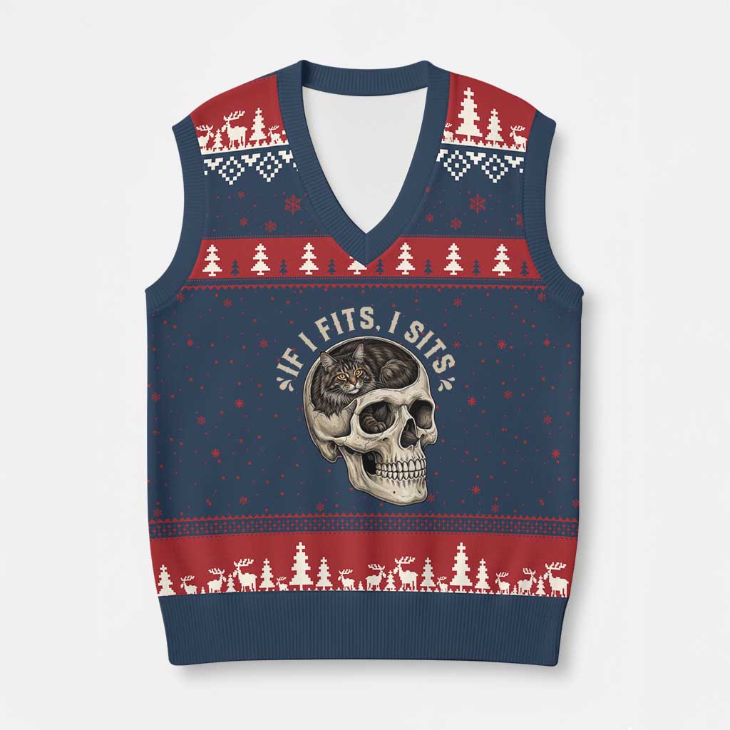 Funny Gothic Black Cat Skull V-Neck Knit Sweater Vest If I Fits I Sits TS12 Navy Red Print Your Wear
