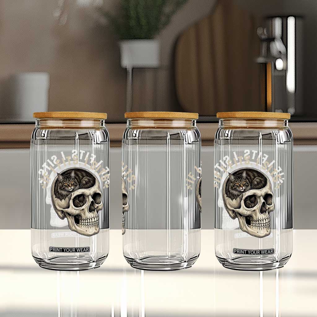 Funny Gothic Black Cat Skull Glass Can If I Fits I Sits TS12 Print Your Wear