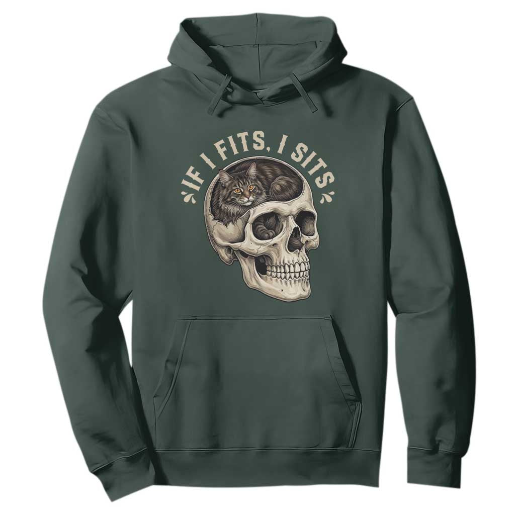 Funny Gothic Black Cat Skull Hoodie If I Fits I Sits TS12 Dark Forest Green Print Your Wear