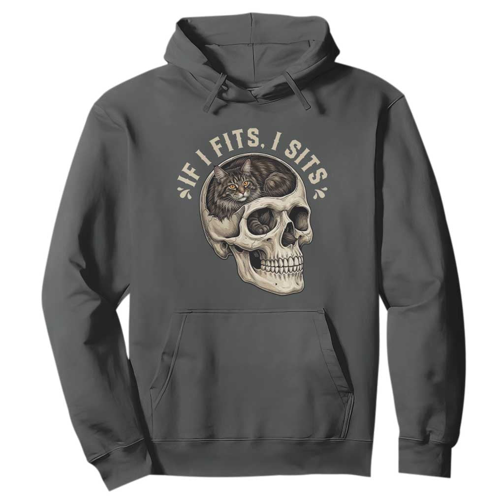Funny Gothic Black Cat Skull Hoodie If I Fits I Sits TS12 Dark Heather Print Your Wear
