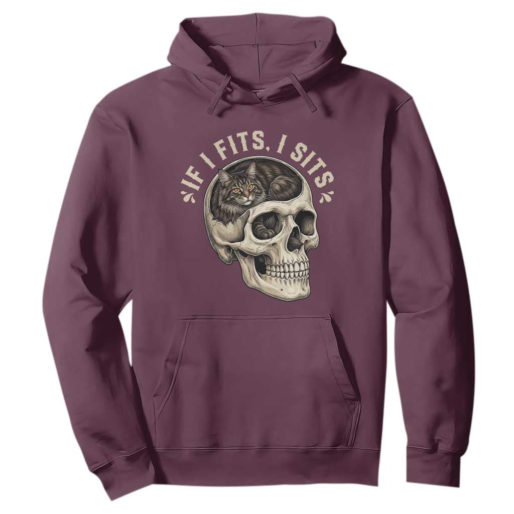 Funny Gothic Black Cat Skull Hoodie If I Fits I Sits TS12 Maroon Print Your Wear