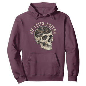 Funny Gothic Black Cat Skull Hoodie If I Fits I Sits TS12 Maroon Print Your Wear
