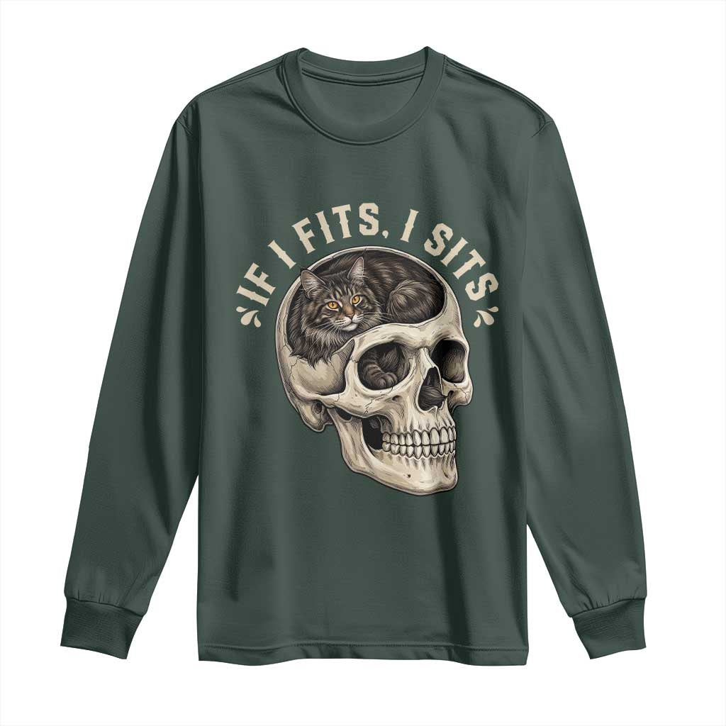Funny Gothic Black Cat Skull Long Sleeve Shirt If I Fits I Sits TS12 Dark Forest Green Print Your Wear