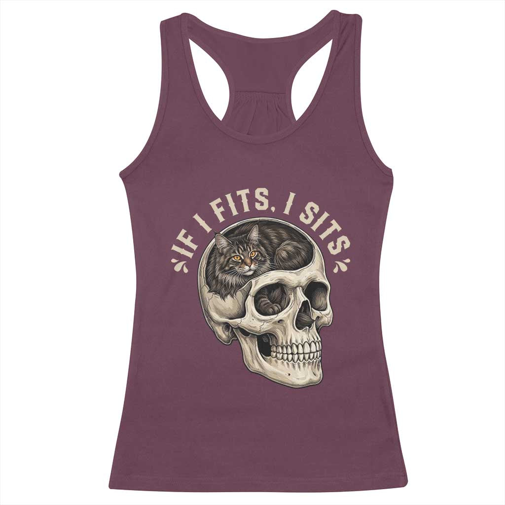 Funny Gothic Black Cat Skull Racerback Tank Top If I Fits I Sits TS12 Maroon Print Your Wear