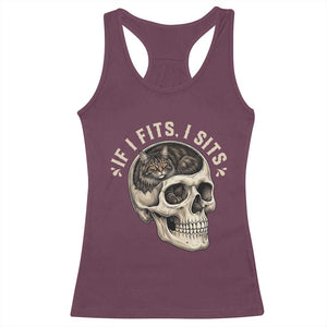 Funny Gothic Black Cat Skull Racerback Tank Top If I Fits I Sits TS12 Maroon Print Your Wear