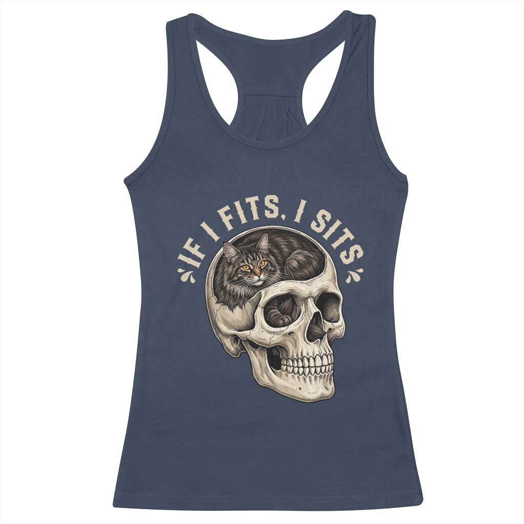 Funny Gothic Black Cat Skull Racerback Tank Top If I Fits I Sits TS12 Navy Print Your Wear
