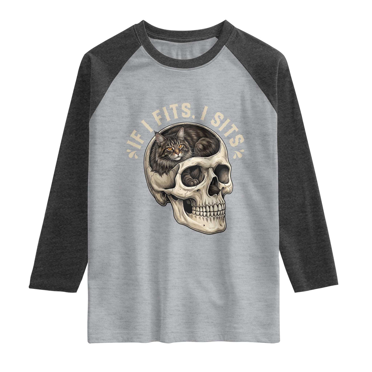 Funny Gothic Black Cat Skull Raglan Shirt If I Fits I Sits TS12 Heather Gray Heather Charcoal Print Your Wear