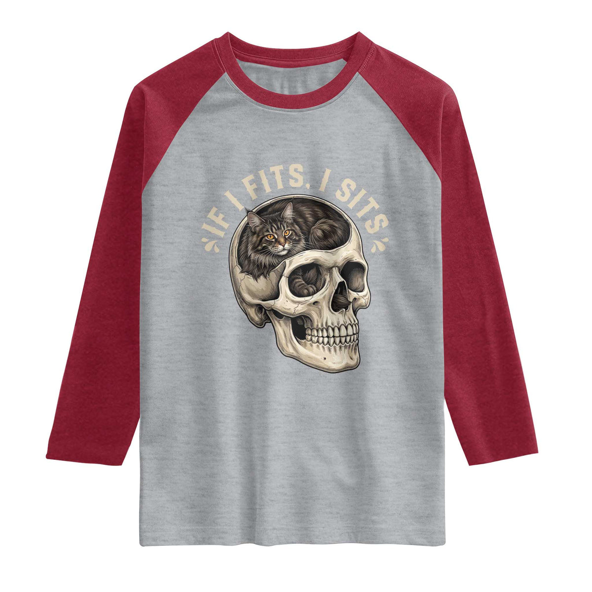 Funny Gothic Black Cat Skull Raglan Shirt If I Fits I Sits TS12 Heather Gray Heather Red Print Your Wear