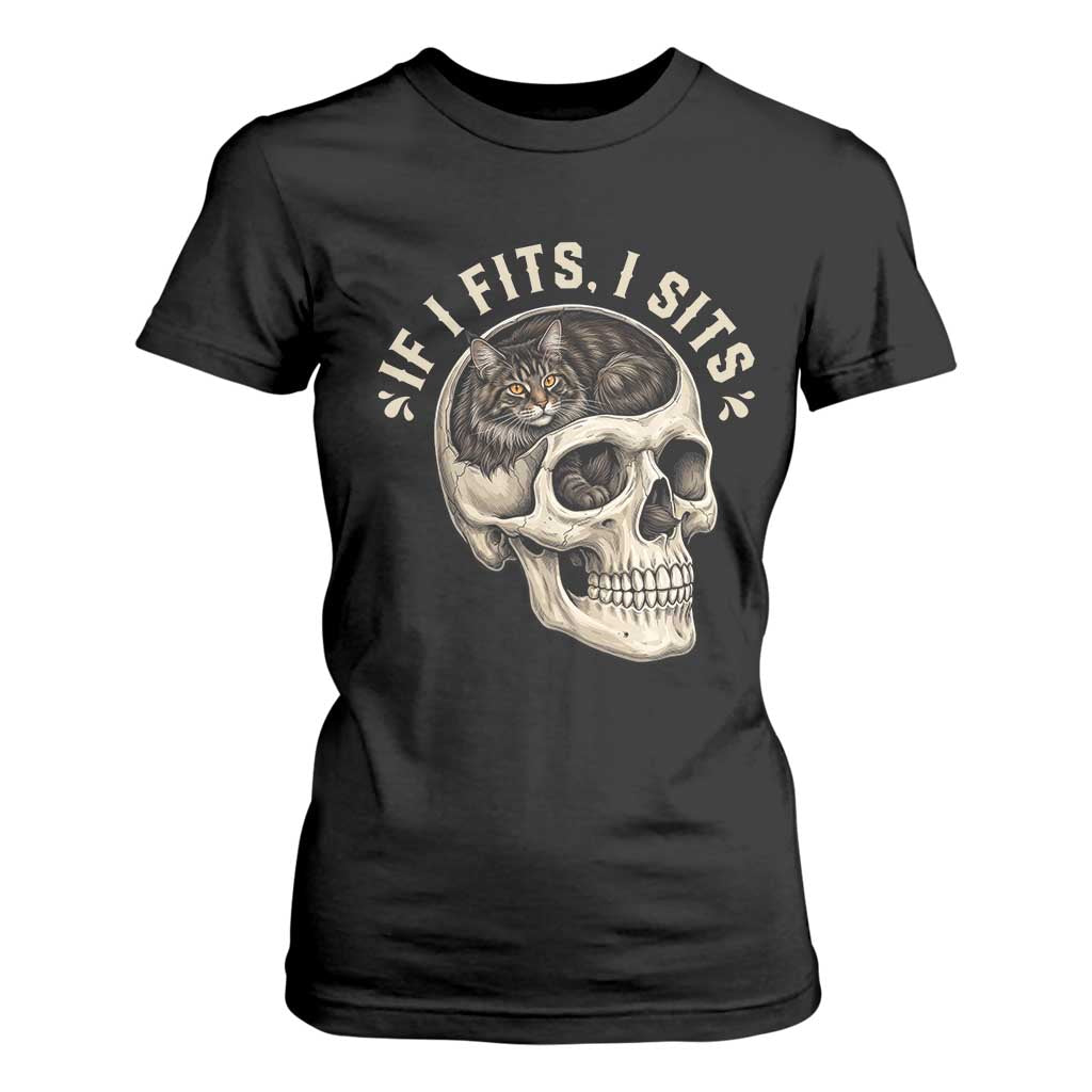 Funny Gothic Black Cat Skull T Shirt For Women If I Fits I Sits TS12 Black Print Your Wear