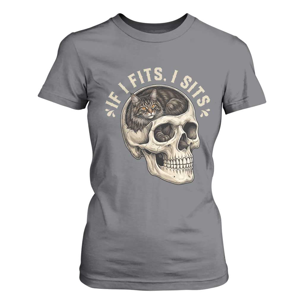 Funny Gothic Black Cat Skull T Shirt For Women If I Fits I Sits TS12 Charcoal Print Your Wear