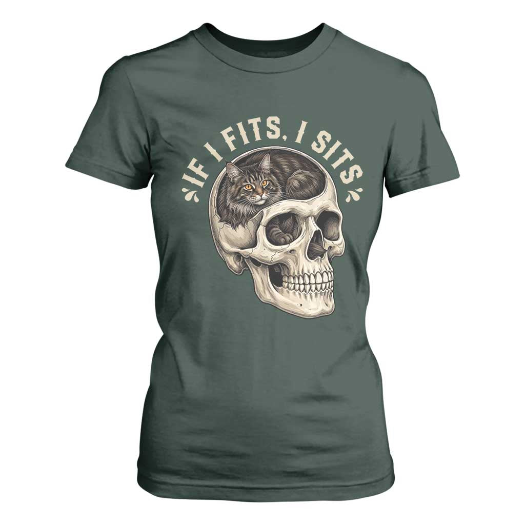 Funny Gothic Black Cat Skull T Shirt For Women If I Fits I Sits TS12 Dark Forest Green Print Your Wear